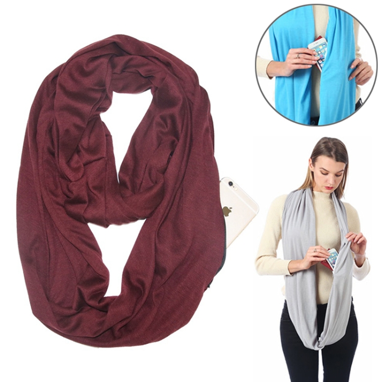 Women Solid Winter Infinity Scarf Pocket Loop Zipper Pocket Scarves (Wine Red)