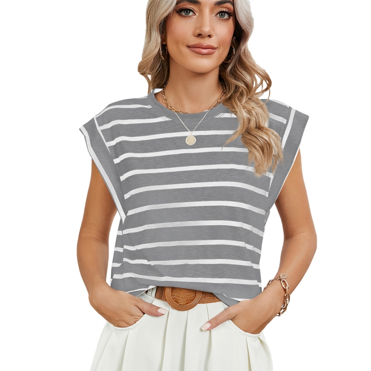Women Stripe Style Summer Loose Top Basic T-Shirt Round Neck Casual Tank, Size: L(Gray)