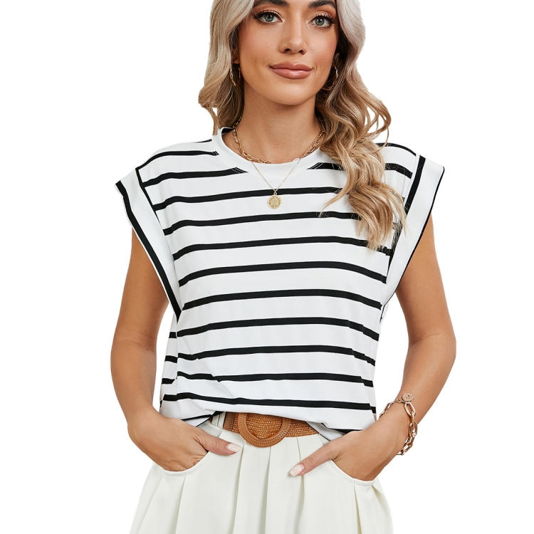 Women Stripe Style Summer Loose Top Basic T-Shirt Round Neck Casual Tank, Size: L(White)