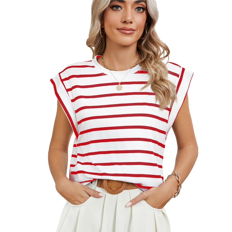 Women Stripe Style Summer Loose Top Basic T-Shirt Round Neck Casual Tank, Size: XXL(Red)
