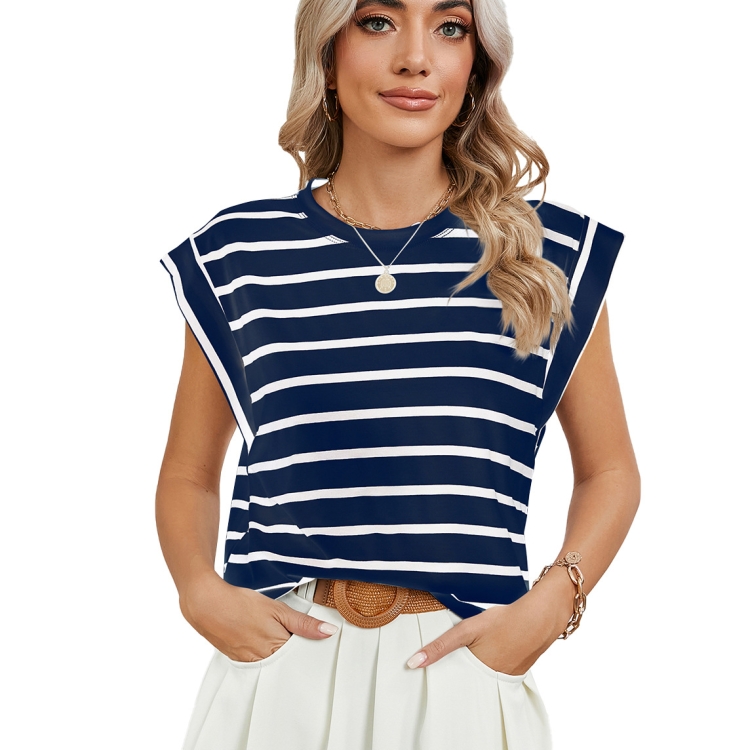 Women Stripe Style Summer Loose Top Basic T-Shirt Round Neck Casual Tank, Size: XXL(Tibetan)