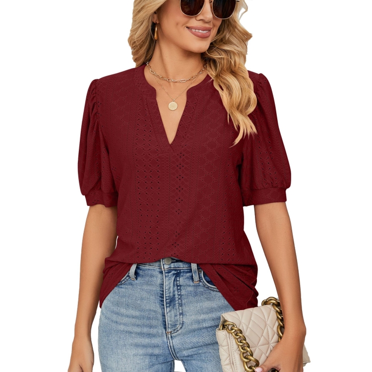 Women Summer Casual V-Neck Hollow Bubble Sleeve Loose T-Shirt, Size: L(Wine Red)