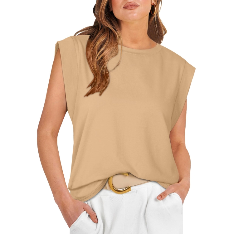 Women Summer Loose Top Basic T-Shirt Round Neck Casual Tank, Size: L(Apricot)