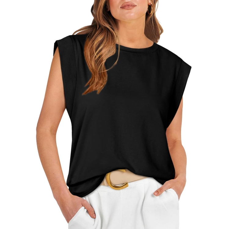 Women Summer Loose Top Basic T-Shirt Round Neck Casual Tank, Size: S(Black)