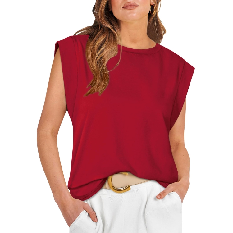 Women Summer Loose Top Basic T-Shirt Round Neck Casual Tank, Size: S(Wine Red)