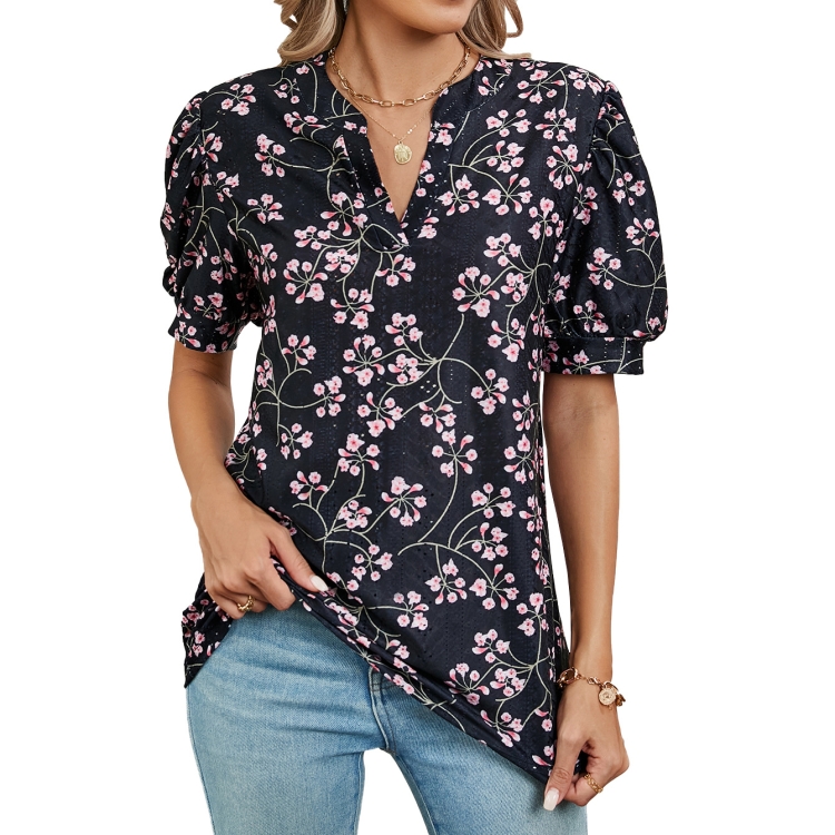 Women V-neck Loose Short-sleeved Printed T-shirt Top, Size: M(Cherry Blossom)