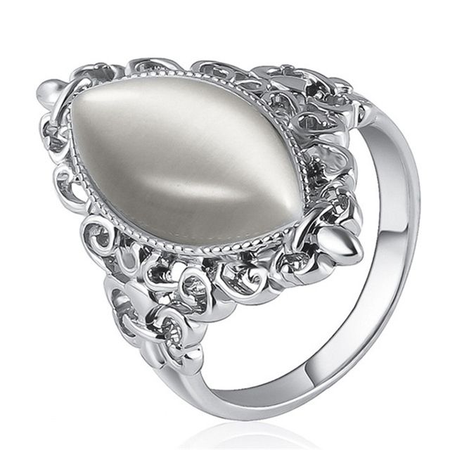 Women Vintage Ethnic Style Waterdrops Opal Oval Ring, Ring Size:8(Silver)