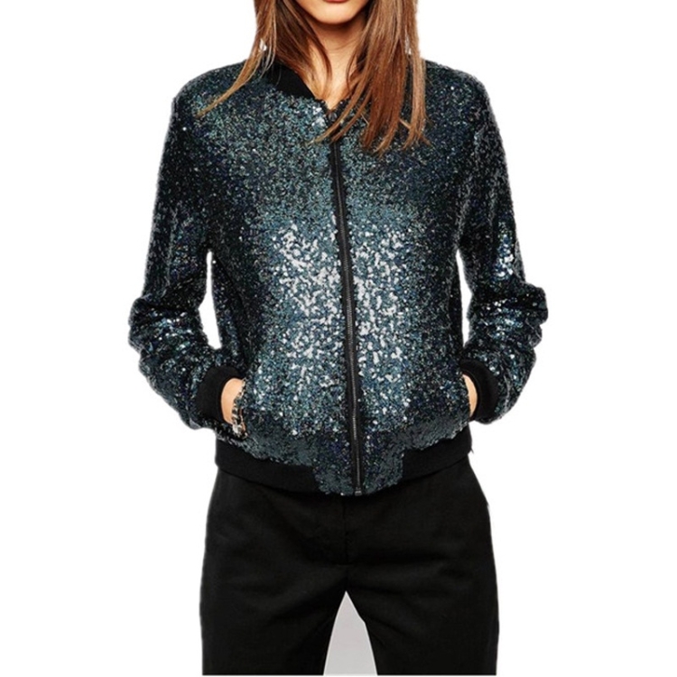 Women Wild Casual Sequin Jacket Short Coat (Color:Blue Size:L)