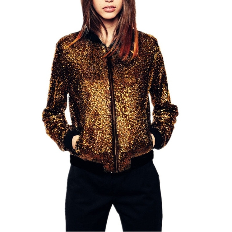 Women Wild Casual Sequin Jacket Short Coat (Color:Gold Size:S)