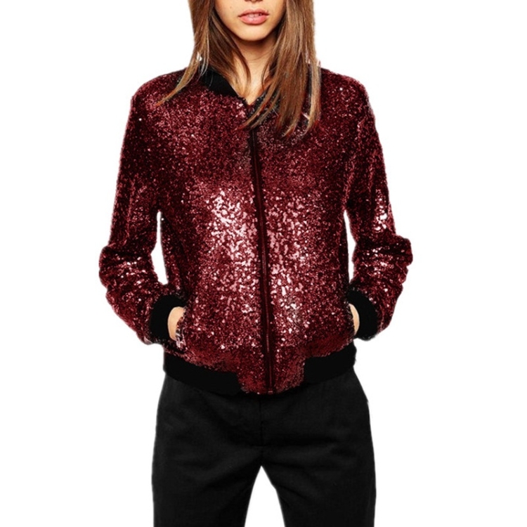 Women Wild Casual Sequin Jacket Short Coat (Color:Wine Red Size:L)