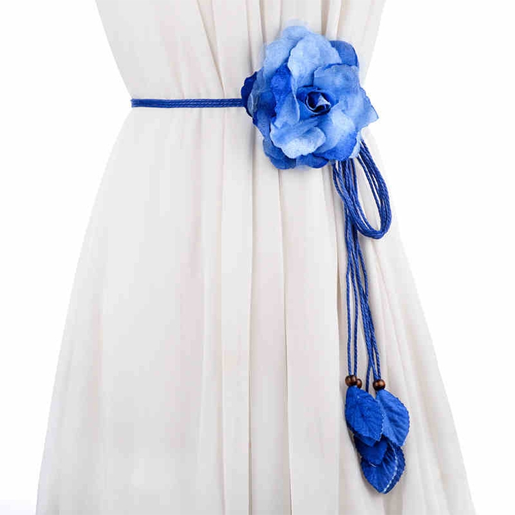 Women Wild Long Thin Belt Flower Tassel Decorative Belt(Blue)