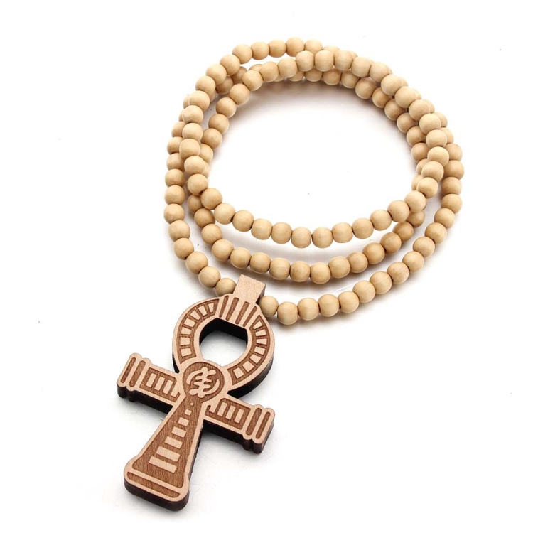 Wood Beads Cross Pendant Necklace Hip Hop Jewelry, Color: True Color