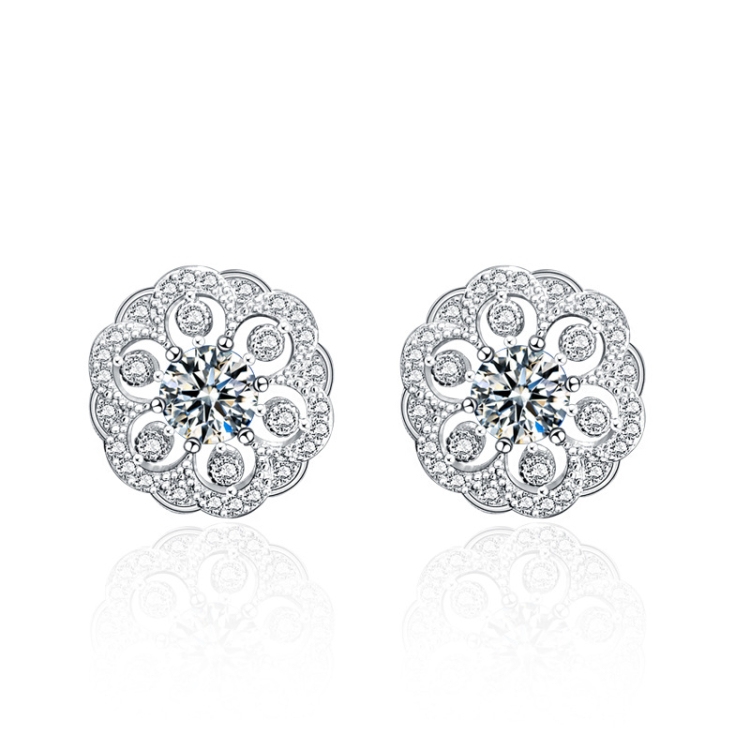 XEA005 925 Silver Flower Earrings Female Personality Flowers Round Earrings(White)
