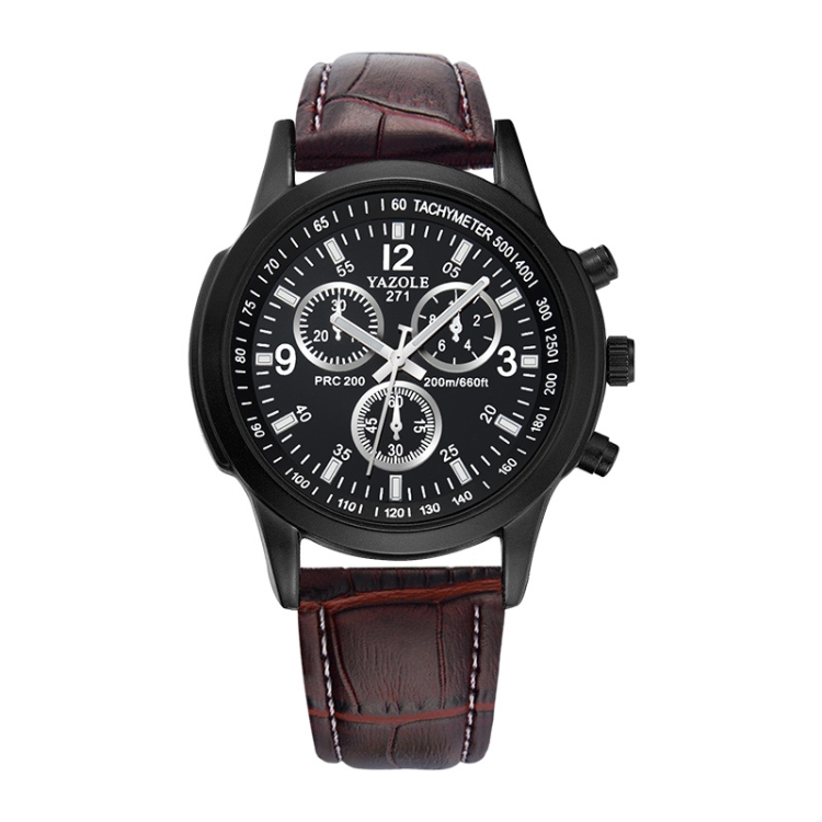 YAZOLE 271 Three-Eye Six-Hand Watch Men Auartz Watch Waterproof Business Watch(Black Shell Brown Belt)