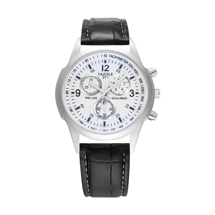 YAZOLE 271 Three-Eye Six-Hand Watch Men Auartz Watch Waterproof Business Watch(White Disk Black Belt)