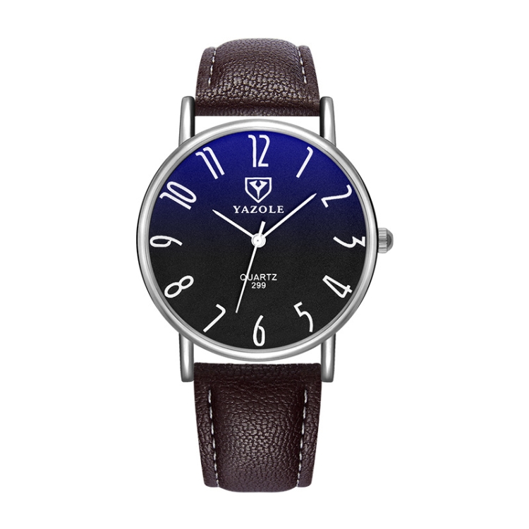 YAZOLE 299 Arabic Numerals Dial Couple Business Belt Watch(Large Black Tray Brown Belt)