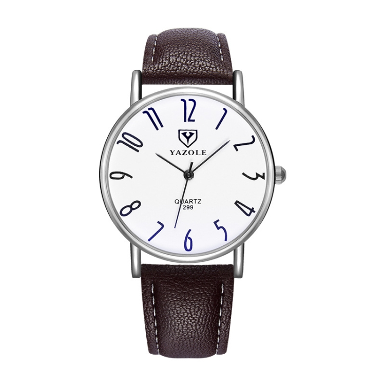 YAZOLE 299 Arabic Numerals Dial Couple Business Belt Watch(Large White Tray Brown Belt)