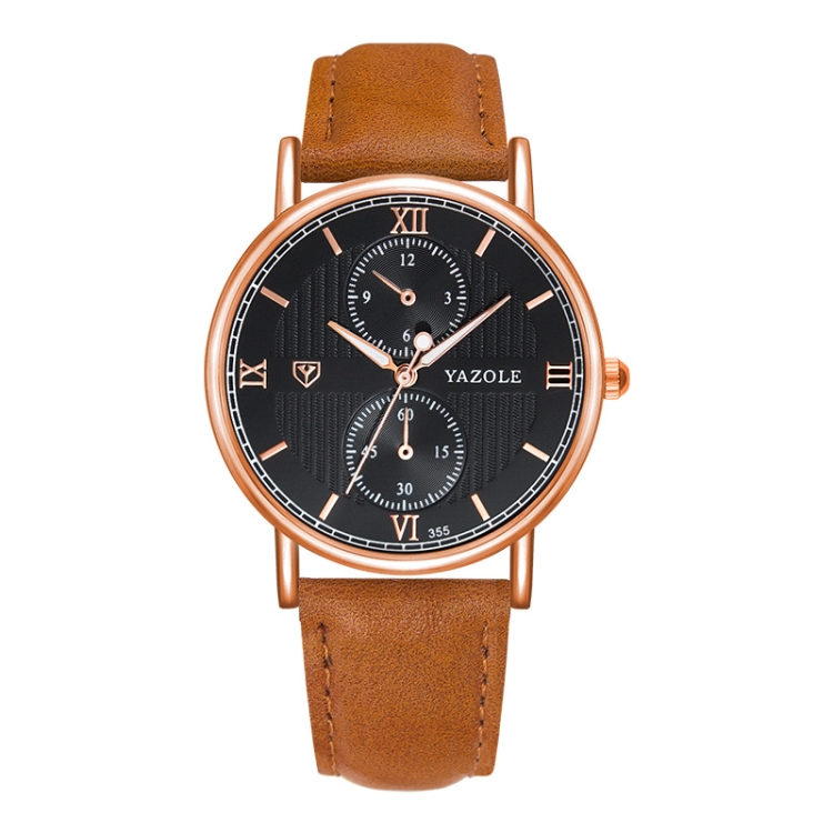 YAZOLE 355 Two-eyes Luminous Business Men Quartz Watch(Black Tray Light Brown Belt)