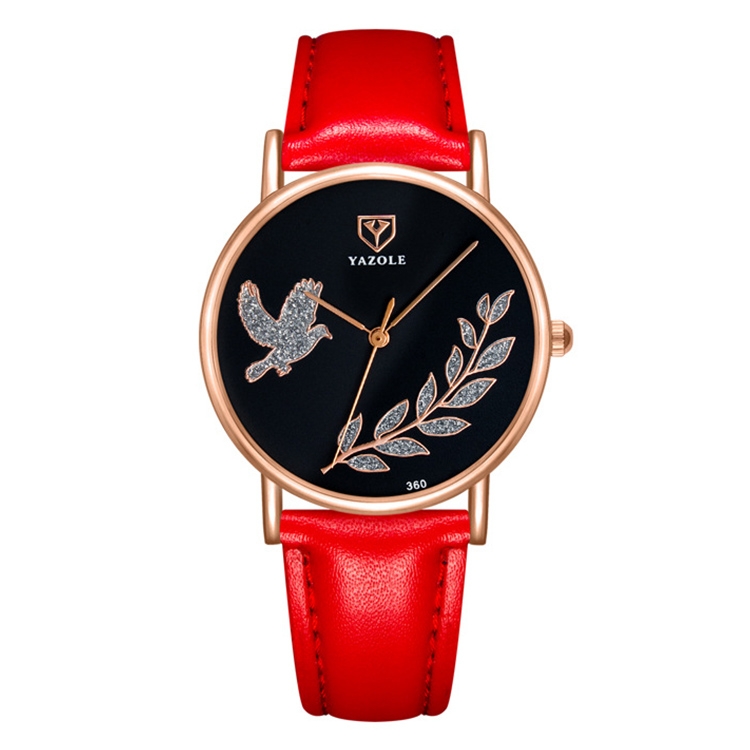 YAZOLE 360 Leather Band Dove of Peace Diamond Lady Watch(Black+Red)