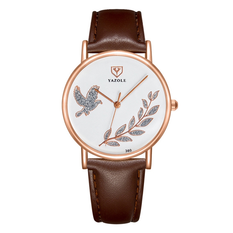 YAZOLE 360 Leather Band Dove of Peace Diamond Lady Watch(White+Brown)