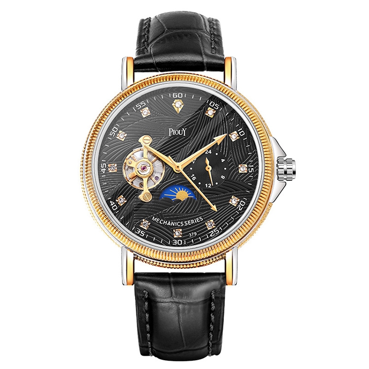 YAZOLE 379 Leather Band Large Dial Tourbillon Mechanical Watch(Black+Black)
