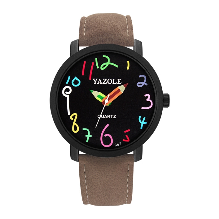 YAZOLE Personality Arabic Numeral Dial Student Watch Quartz Children Watch(347 Black Tray Brown Belt)
