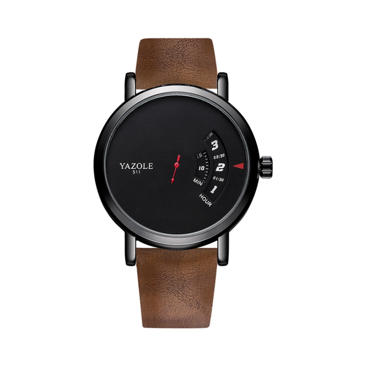 YAZOLE Turntable Men Quartz Watch(511 Black Tray Brown Belt)