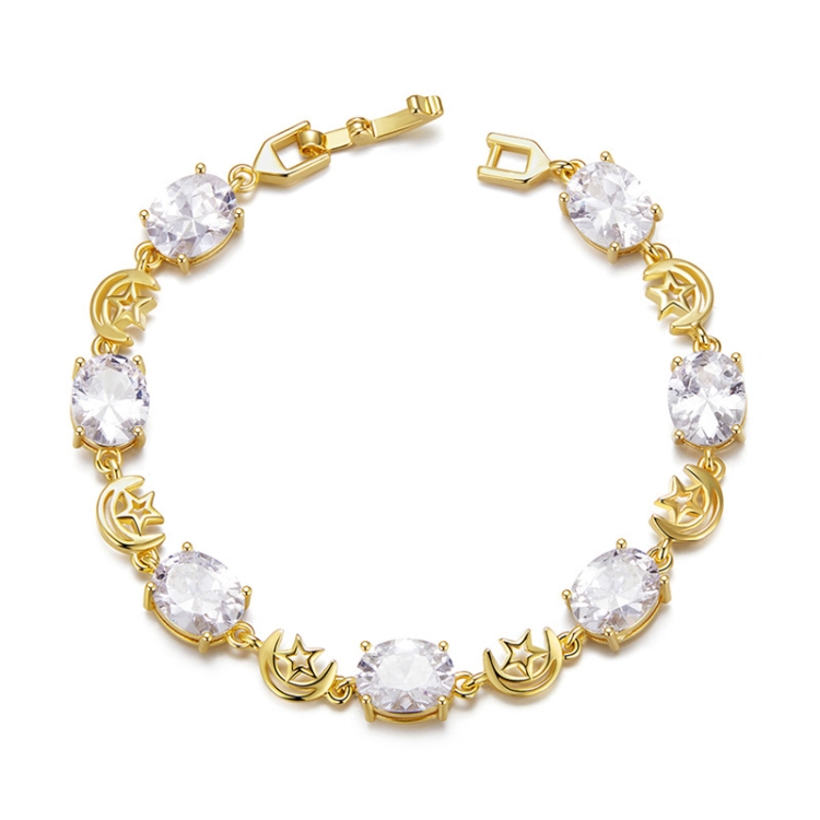 YIB068 Copper Platinum-plated Shining Star and Moon Zircon Bracelet, Size: 19CM(Gold)