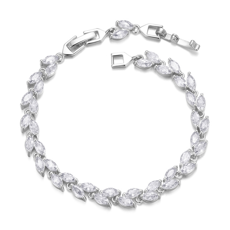 YIB069 Copper Platinum-plated Shining Zircon Elegant Olive Leaf Bracelet(Silver)