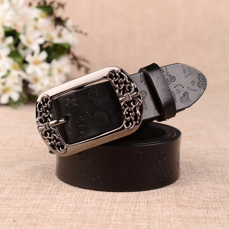 ZK--067 Retro Engraved Buckle Butterfly Print Pin Buckle Leather Belt, Length: 105cm(Black)