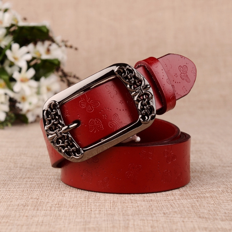 ZK--067 Retro Engraved Buckle Butterfly Print Pin Buckle Leather Belt, Length: 110cm(Red)